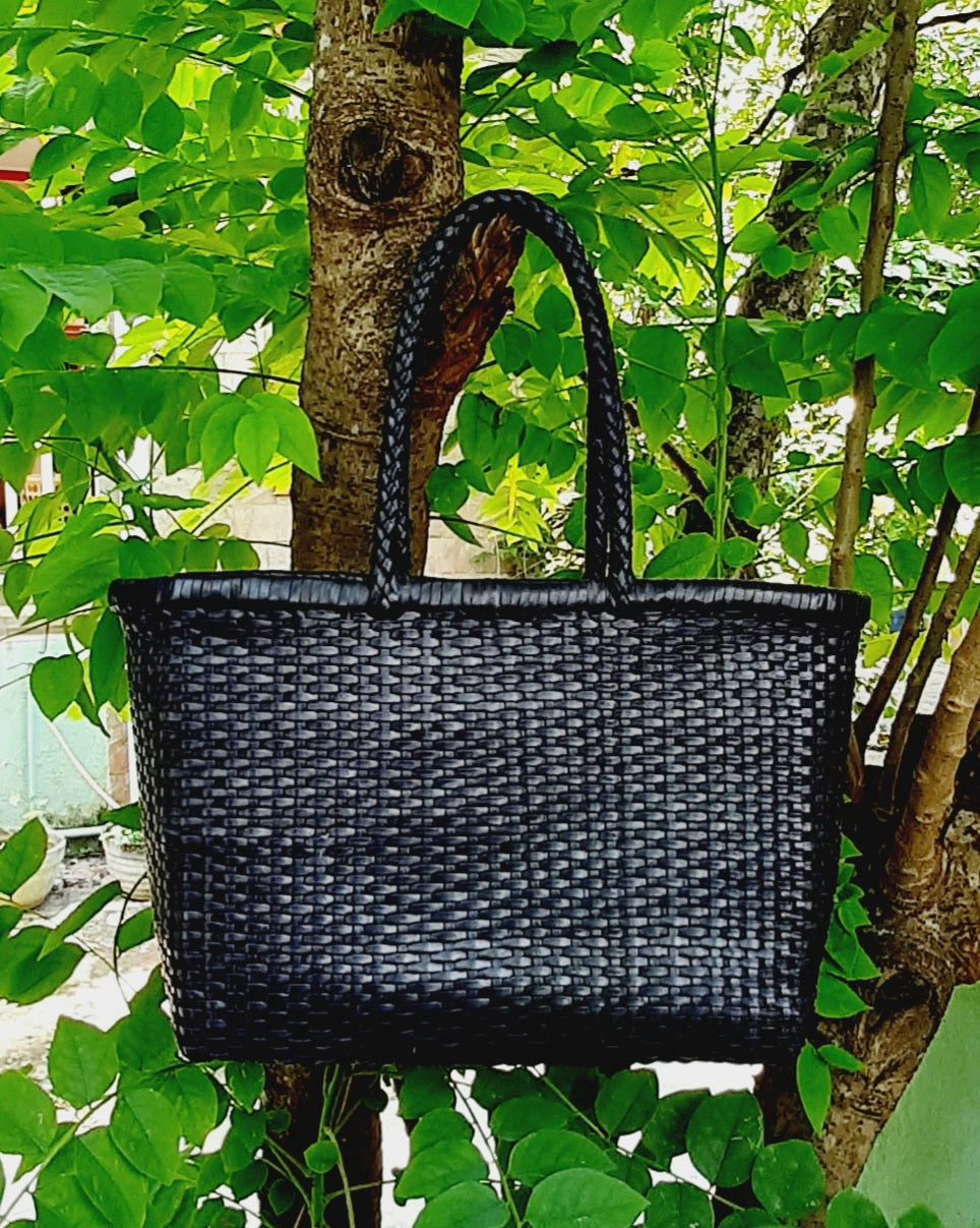 Genuine Leather Hand Woven Bamboo Style Ladies Tote Bag - HELEN - BLACK
