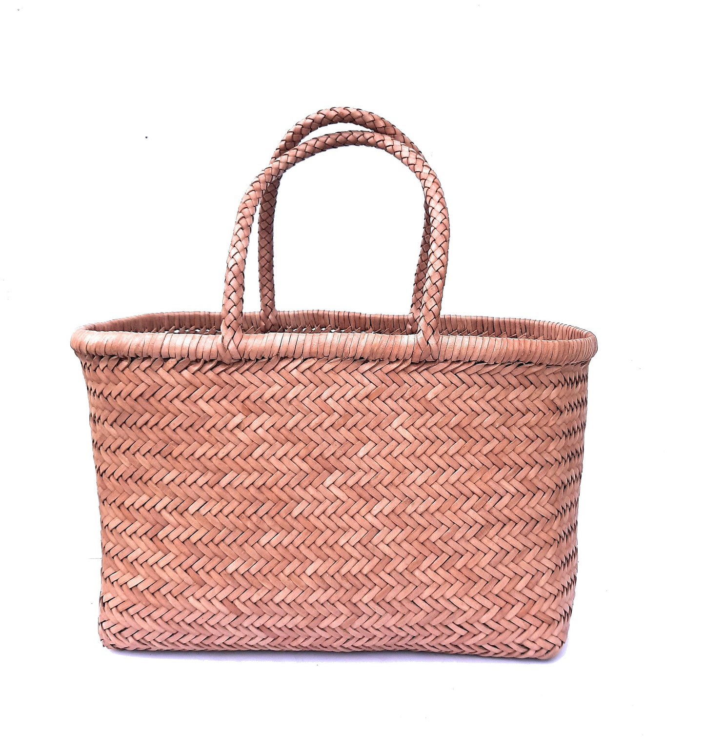 Genuine Leather Hand Woven Triple Jump Bamboo Style Ladies Tote Bag - CINDRELLA - BEIGE
