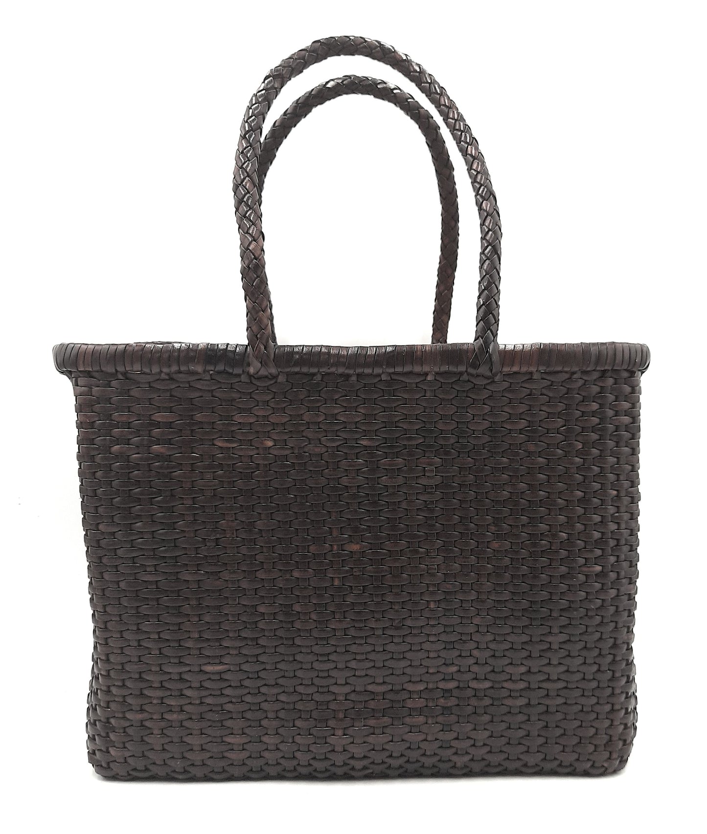 Genuine Leather Hand Woven Bamboo Style Ladies Tote Bag - HELEN - DARK BROWN
