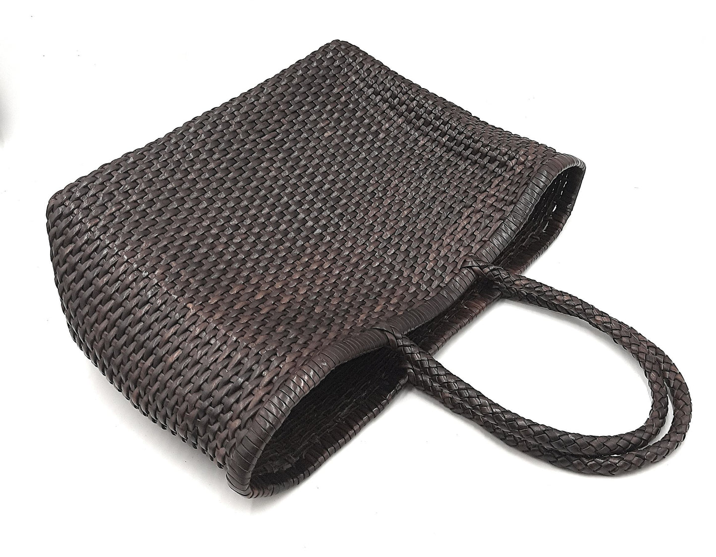 Genuine Leather Hand Woven Bamboo Style Ladies Tote Bag - HELEN - DARK BROWN