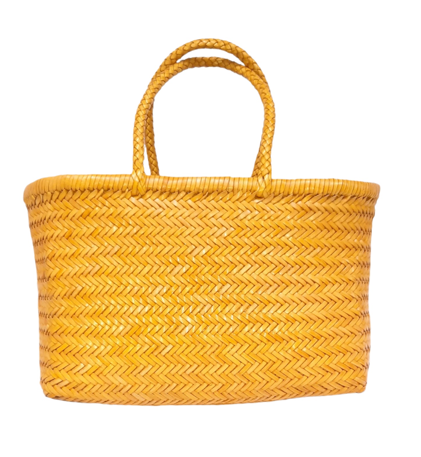 Genuine Leather Hand Woven Triple Jump Bamboo Style Ladies Tote Bag - CINDRELLA - YELLOW