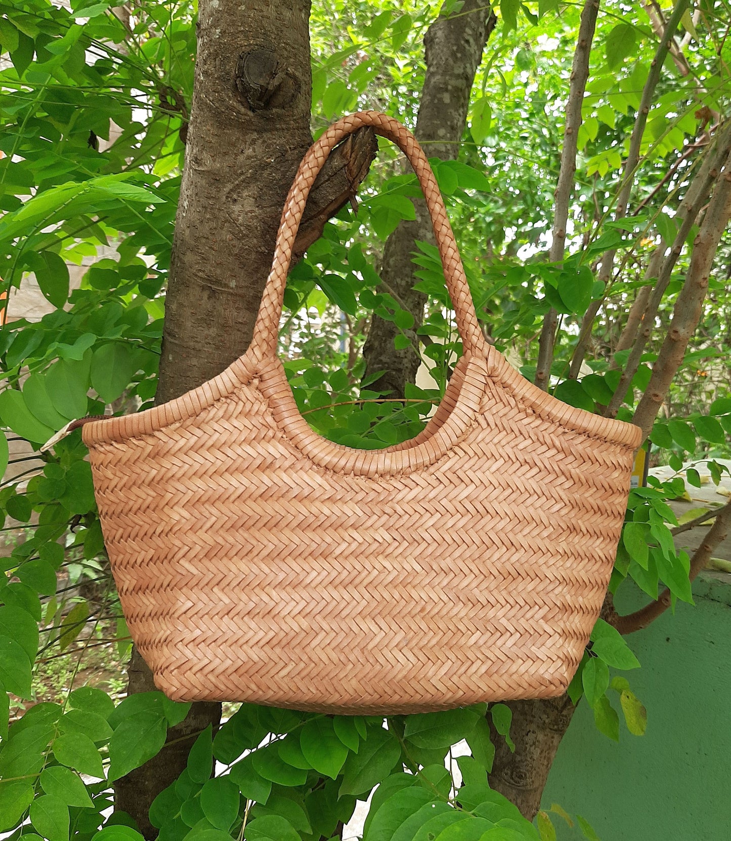 Handgewebte Hobo-Tasche aus echtem Leder für Damen – MONALISA – BEIGE
