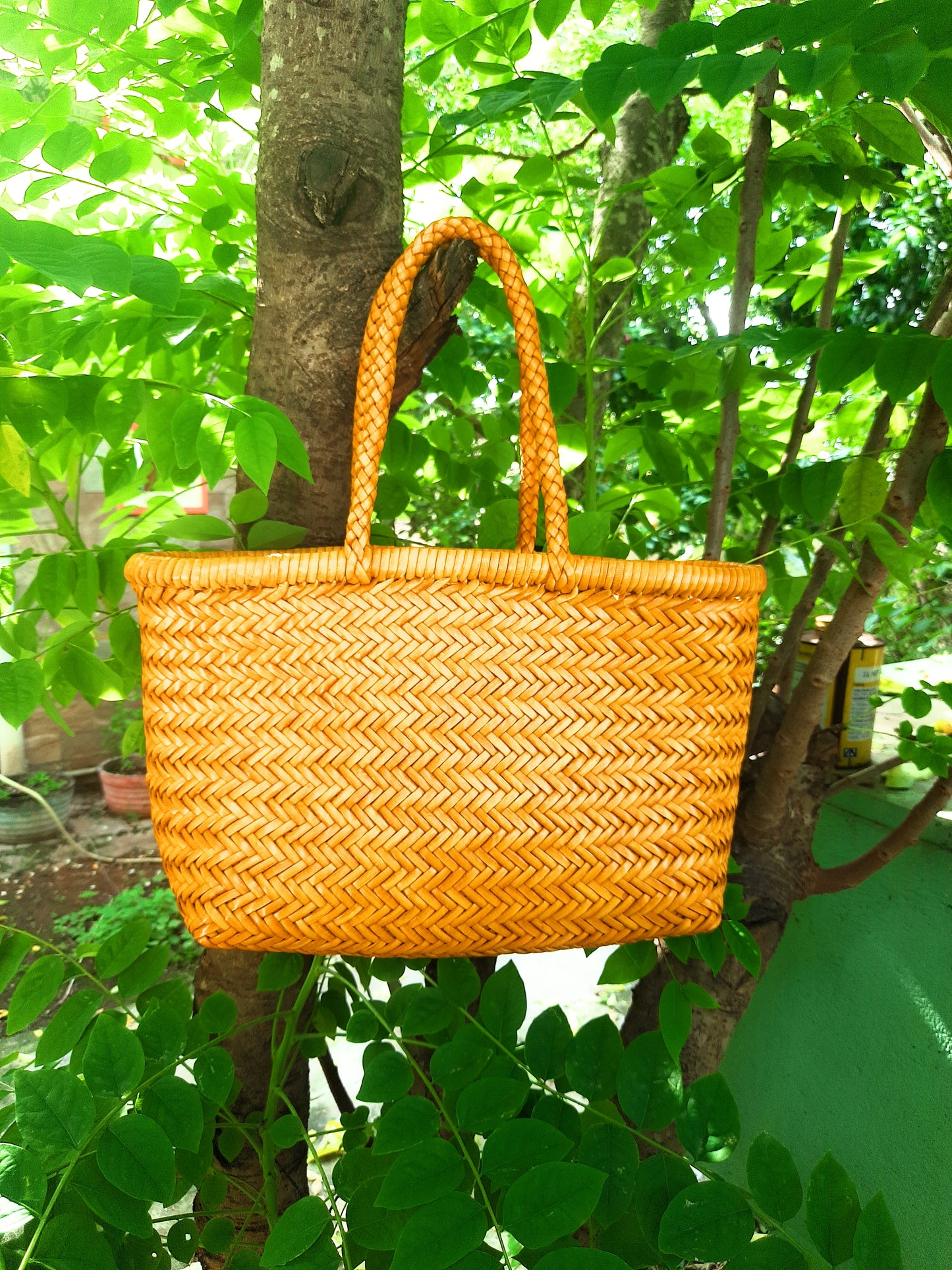 Genuine Leather Hand Woven Triple Jump Bamboo Style Ladies Tote Bag - CINDRELLA - YELLOW
