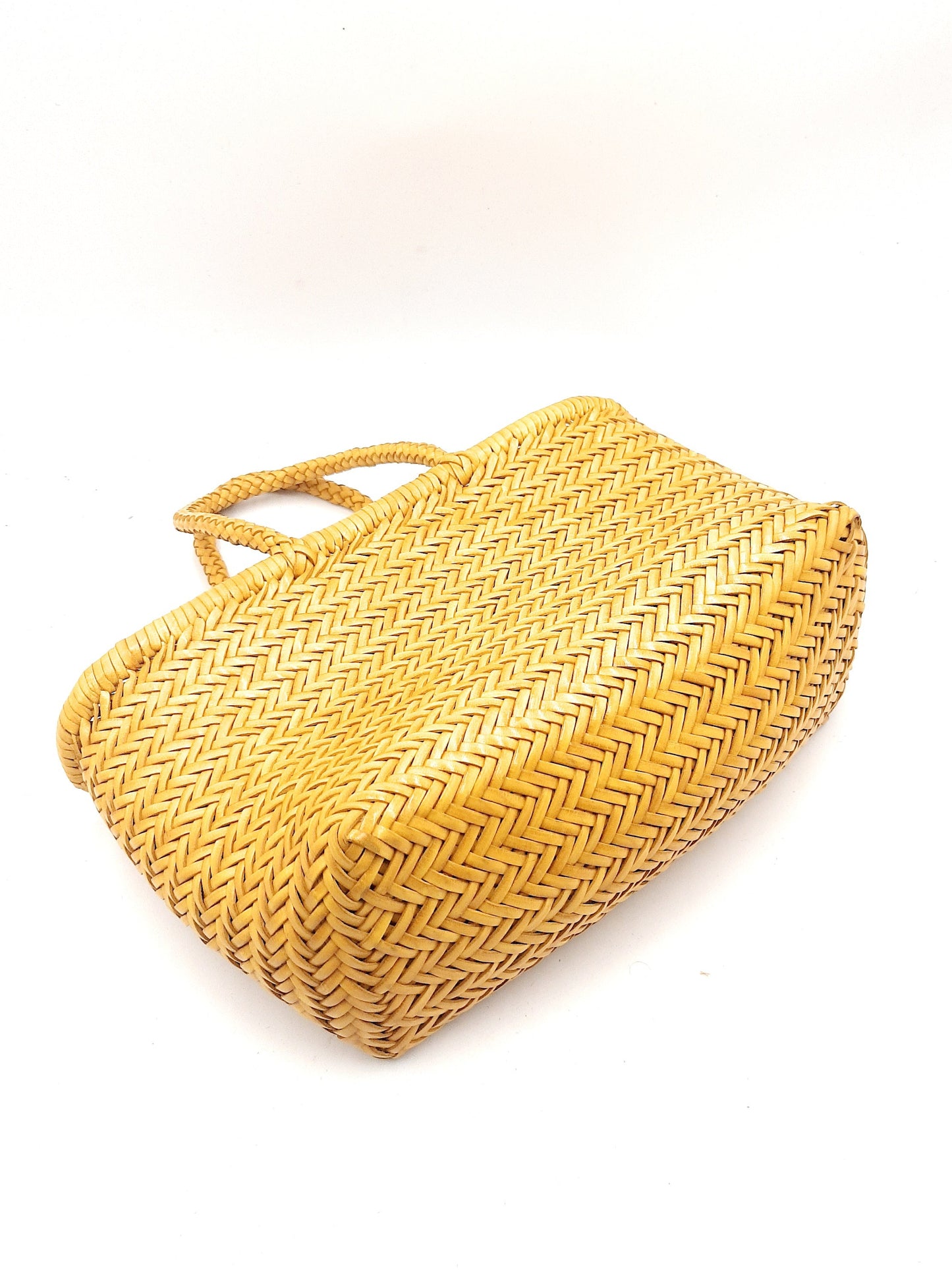 Genuine Leather Hand Woven Triple Jump Bamboo Style Ladies Tote Bag - CINDRELLA - YELLOW
