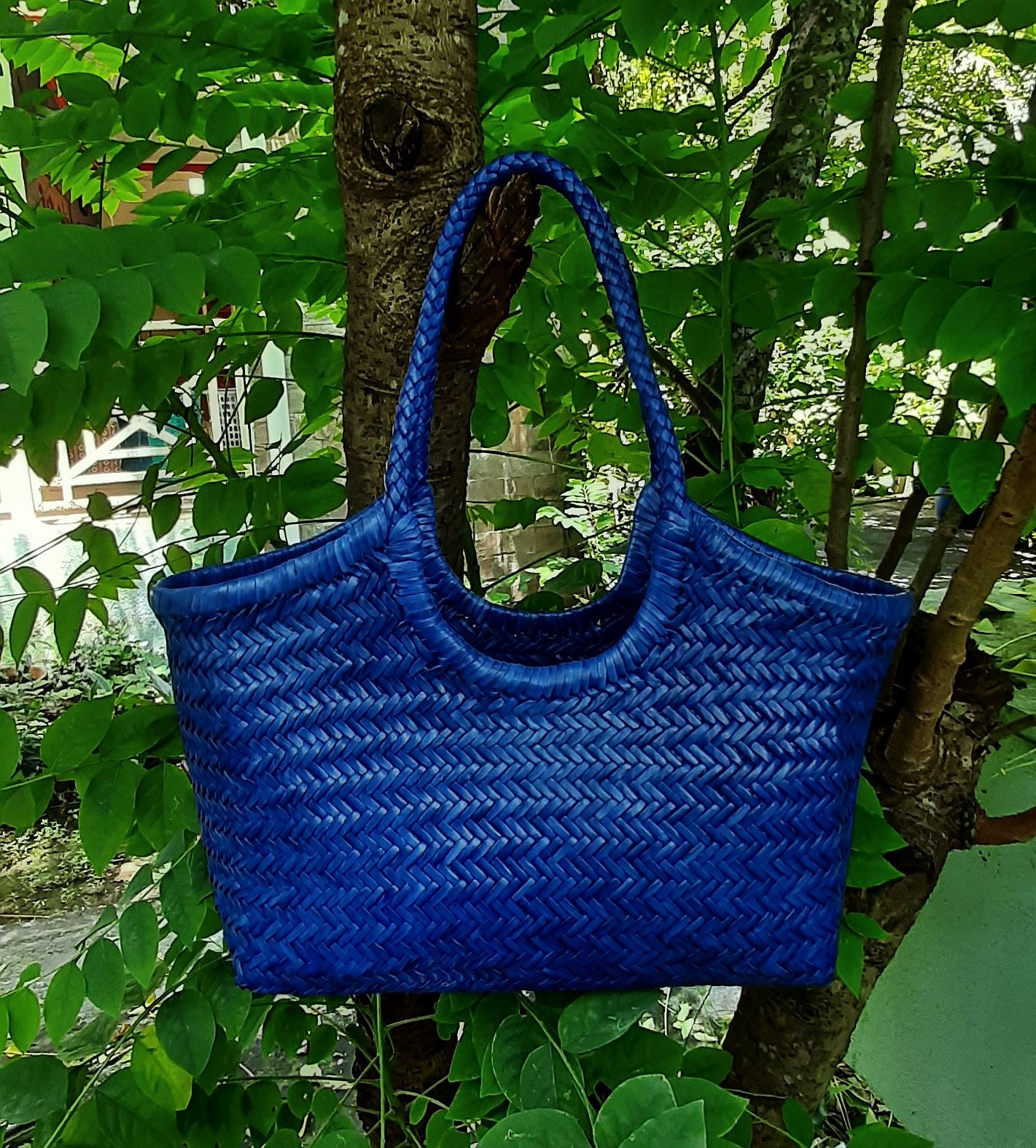 Genuine Leather Hand Woven Ladies Hobo Bag - MONALISA - ROYAL BLUE