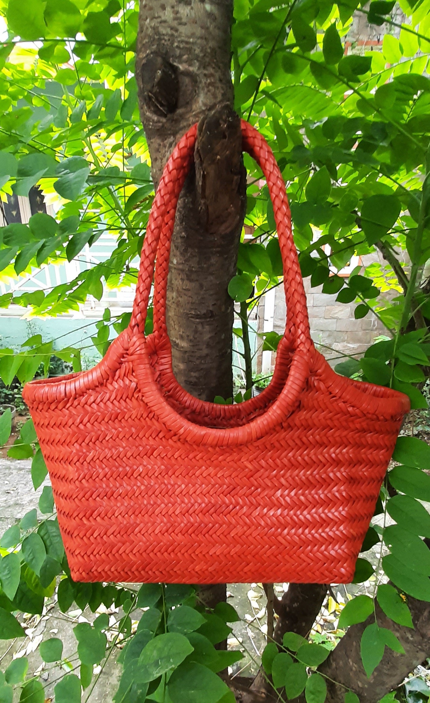 Genuine Leather Hand Woven Ladies Hobo Bag - MONALISA - ORANGE