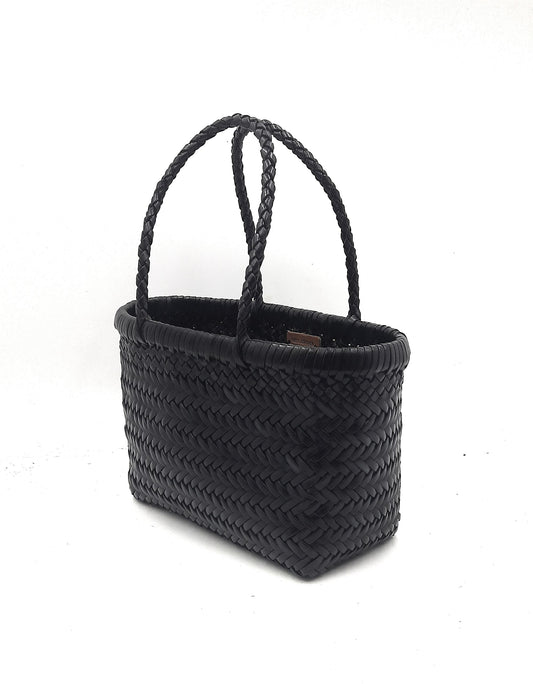 Genuine Leather Hand Woven Triple Jump Bamboo Style Ladies Tote Bag - CINDRELLA - BLACK