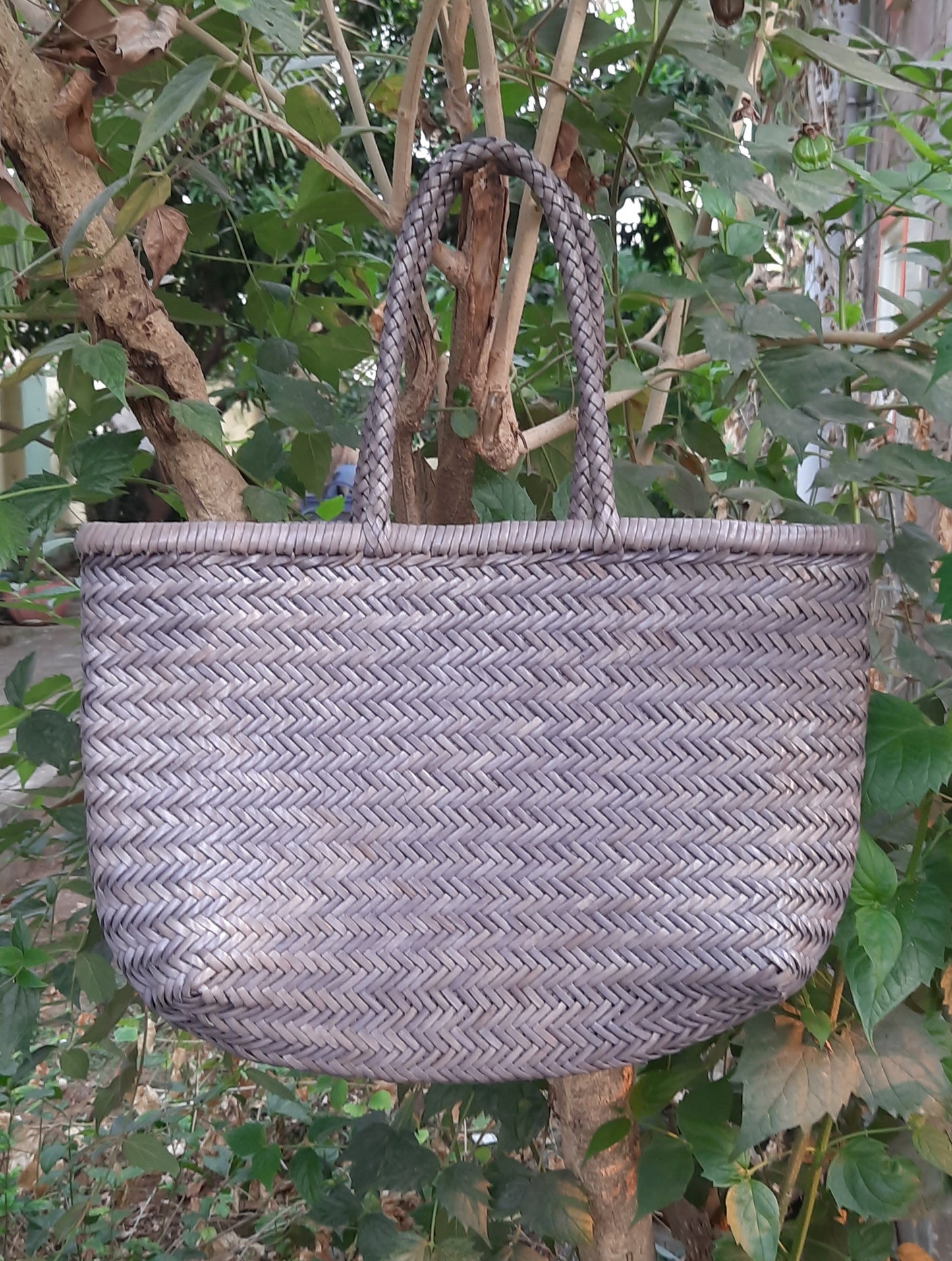 ALTICA Genuine Leather Hand Woven Crosshatch Pattern Ladies Tote Bag - DIACROSS - Steel Gray