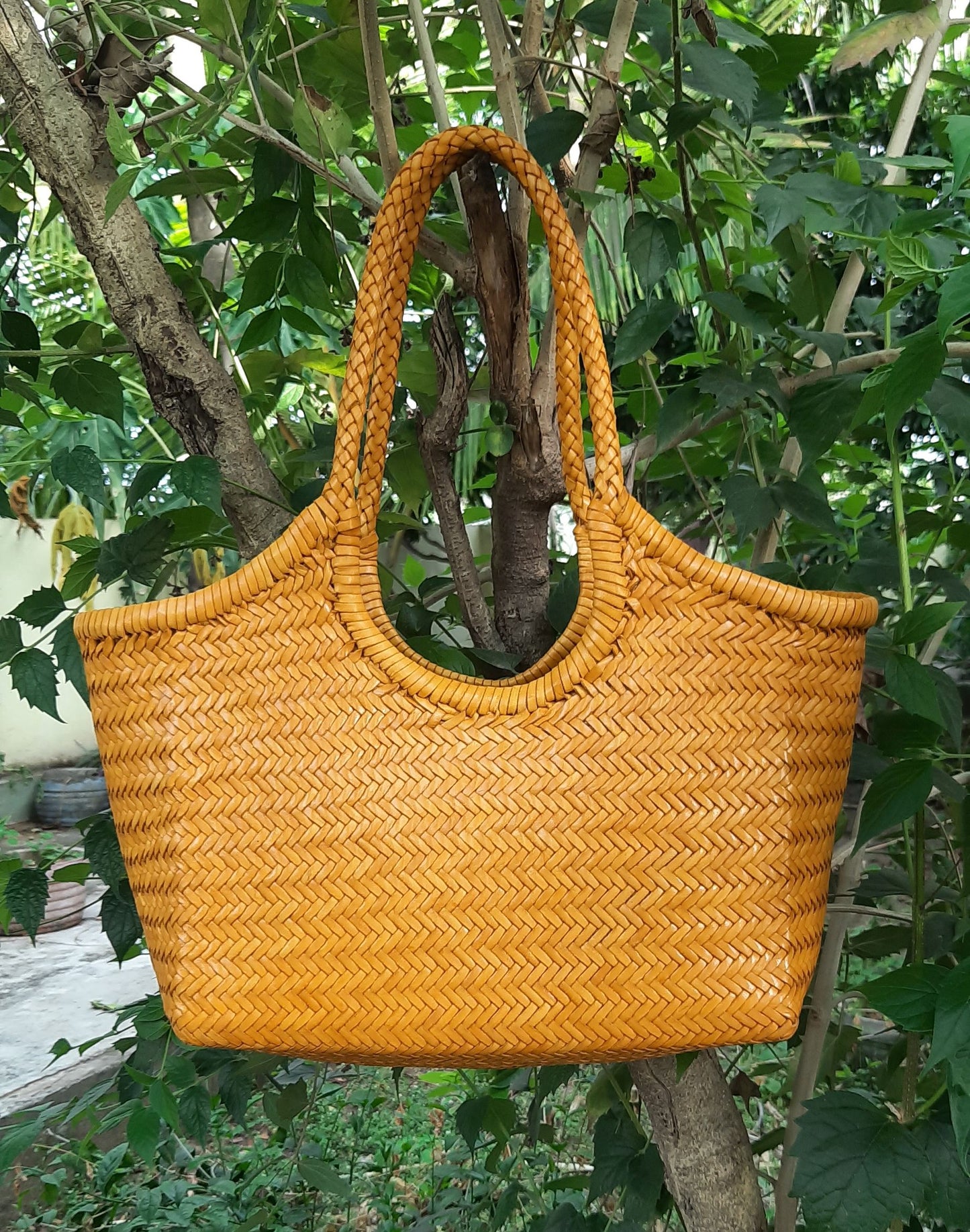 Genuine Leather Hand Woven Ladies Hobo Bag - MONALISA - YELLOW