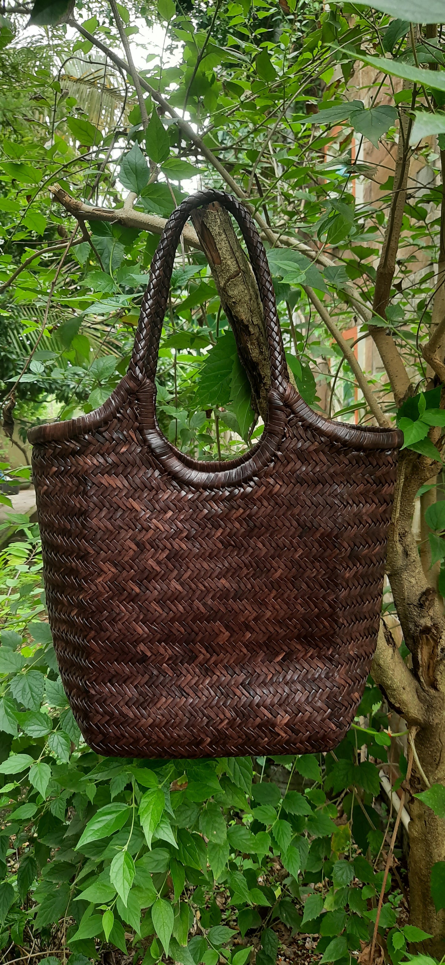 ALTICA Genuine Leather Hand Woven Triple Jump Bamboo Style Ladies Vertical HOBO Bag - DENALI -Dark Brown