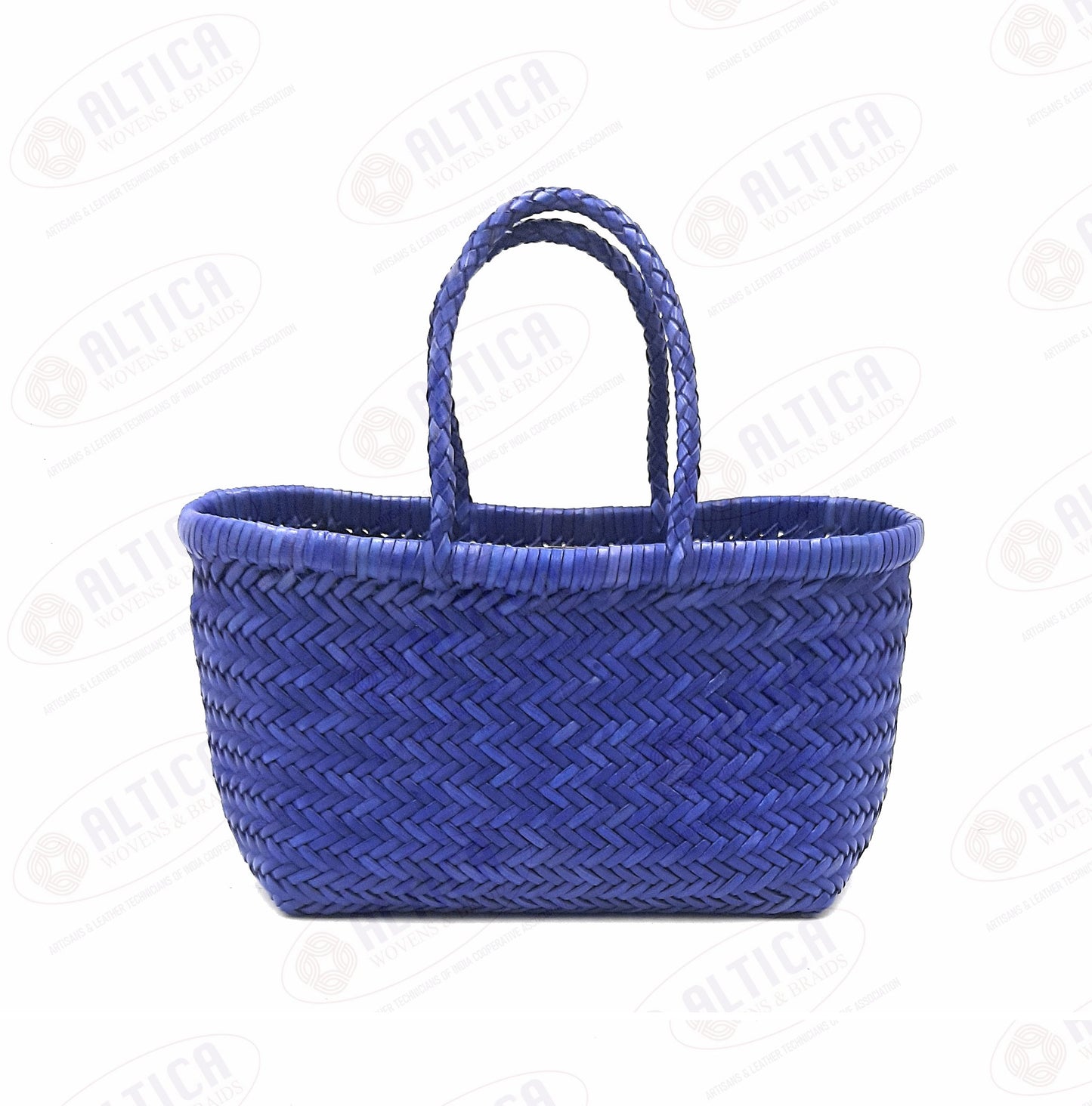 Genuine Leather Hand Woven Triple Jump Bamboo Style Ladies Tote Bag - CINDRELLA - ROYAL BLUE