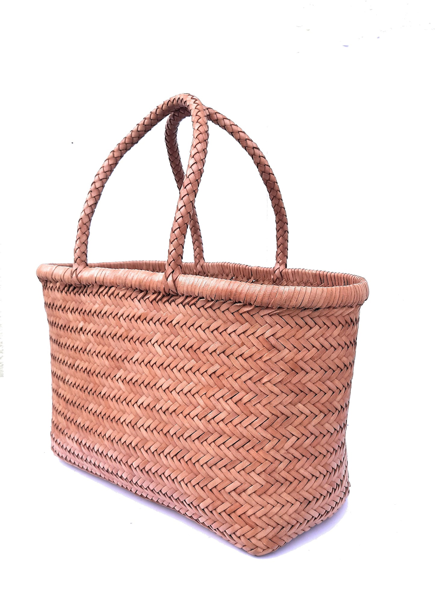 Genuine Leather Hand Woven Triple Jump Bamboo Style Ladies Tote Bag - CINDRELLA - BEIGE