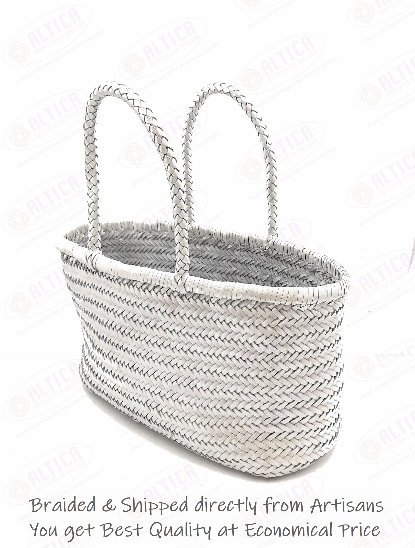 Echtes Leder, handgewebte Tragetasche im Bambus-Stil für Damen im Dreisprung-Stil – CINDRELLA – WEISS