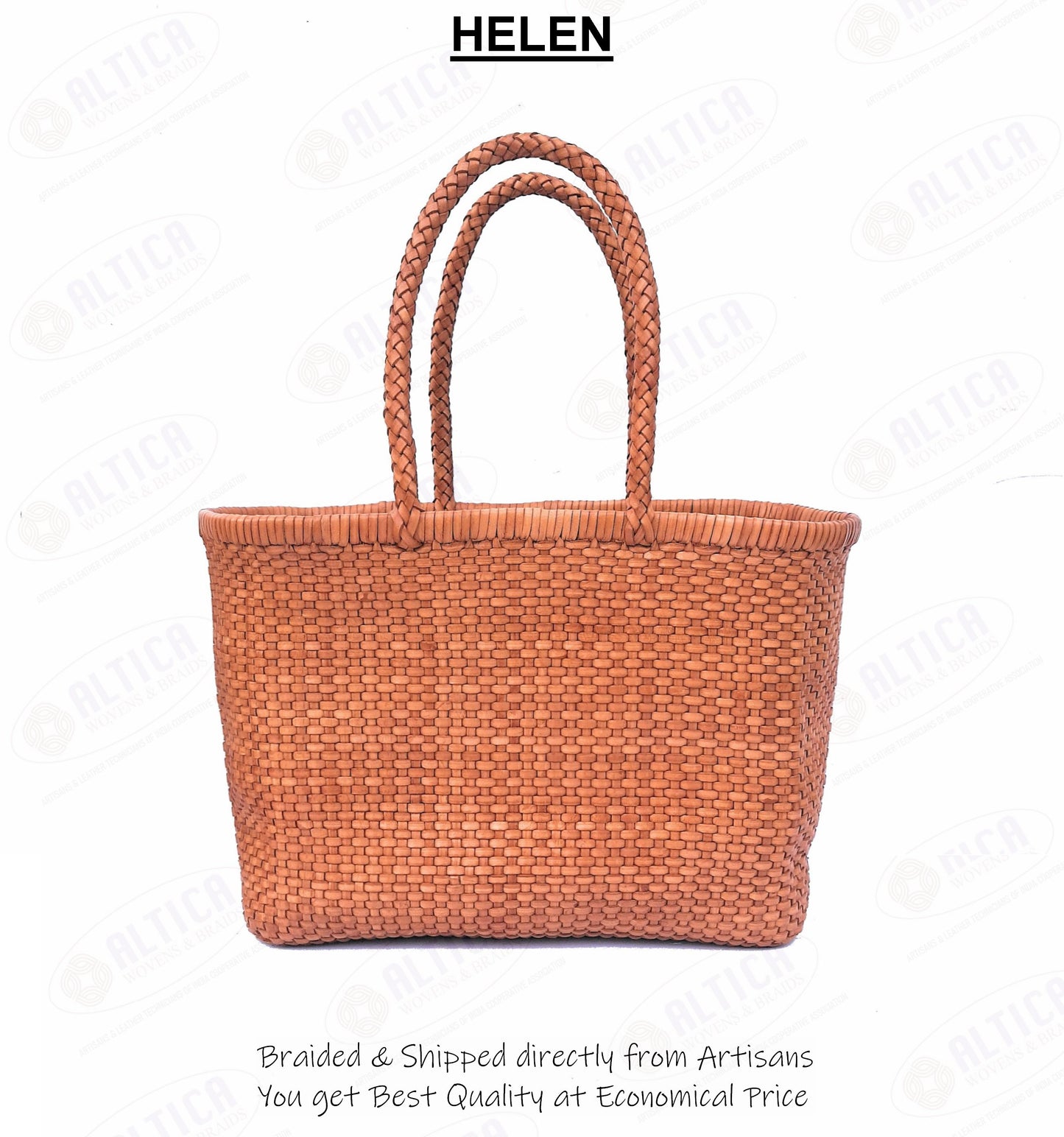 Genuine Leather Hand Woven Bamboo Style Ladies Tote Bag - HELEN - TAN