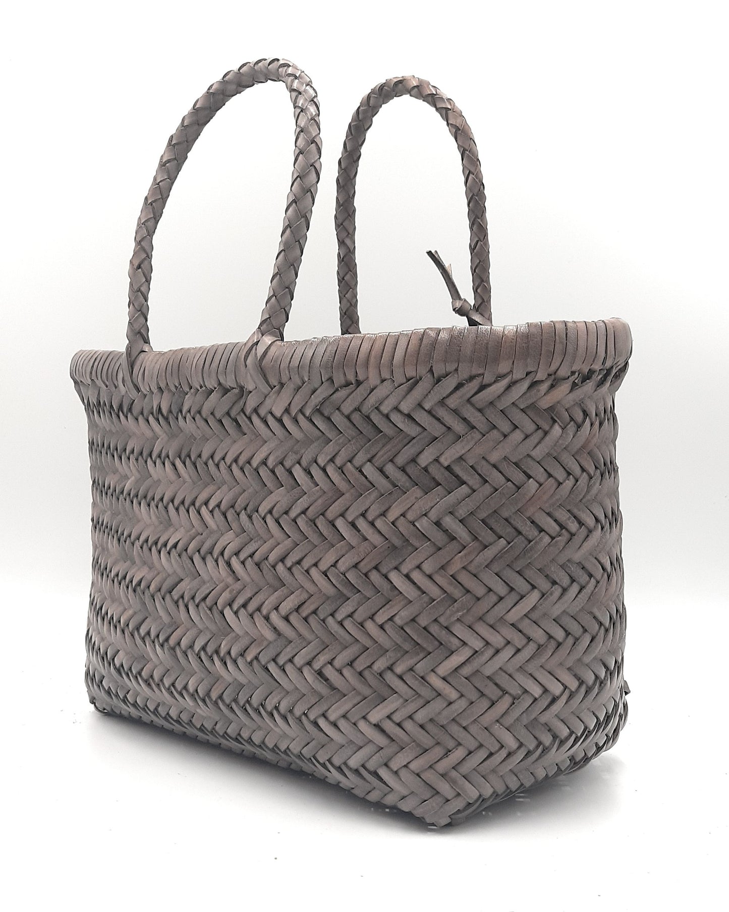 Genuine Leather Hand Woven Triple Jump Bamboo Style Ladies Tote Bag - CINDRELLA - LIGHT GRAY