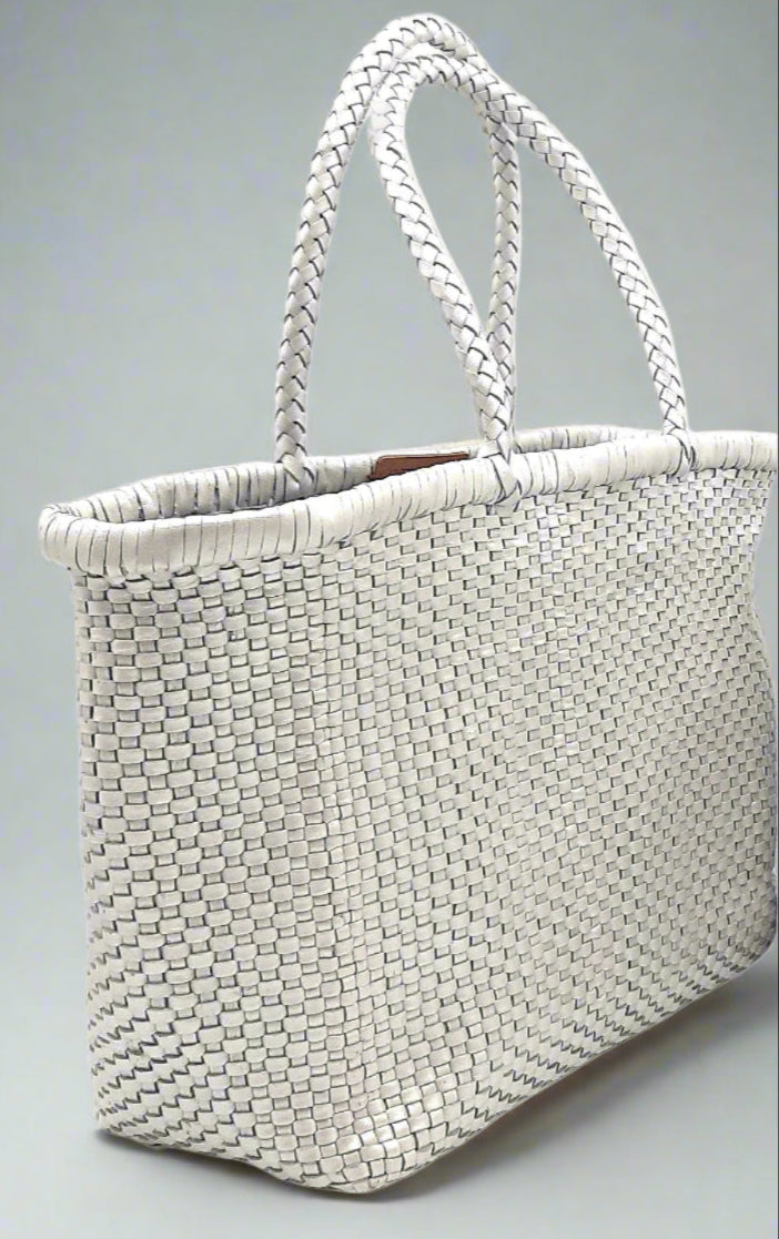 Genuine Leather Hand Woven Bamboo Style Ladies Tote Bag - HELEN - METALLIC SILVER