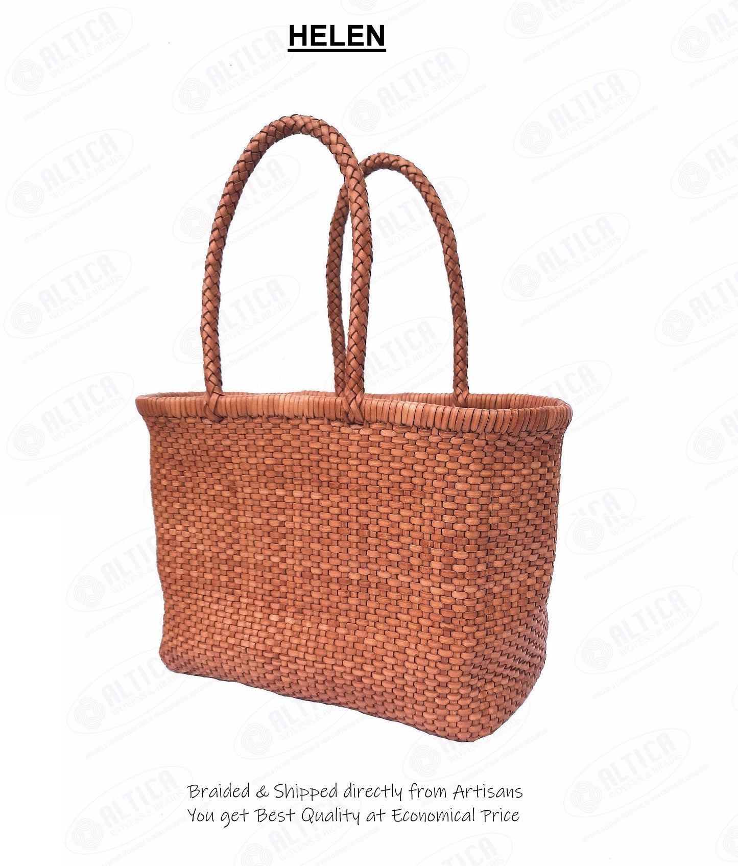 Genuine Leather Hand Woven Bamboo Style Ladies Tote Bag - HELEN - TAN