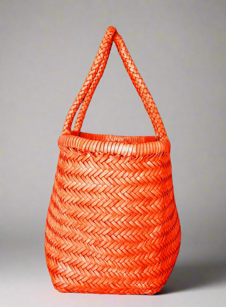Genuine Leather Hand Woven Triple Jump Bamboo Style Ladies Tote Bag - CINDRELLA - ORANGE