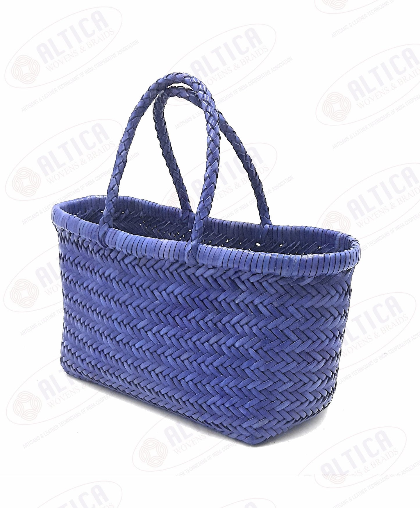 Genuine Leather Hand Woven Triple Jump Bamboo Style Ladies Tote Bag - CINDRELLA - ROYAL BLUE