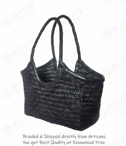 Genuine Leather Hand Woven Ladies Hobo Bag - MONALISA - BLACK