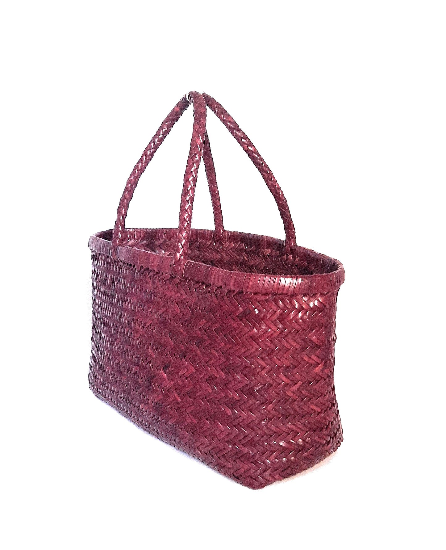 Genuine Leather Hand Woven Triple Jump Bamboo Style Ladies Tote Bag - CINDRELLA - BORDO