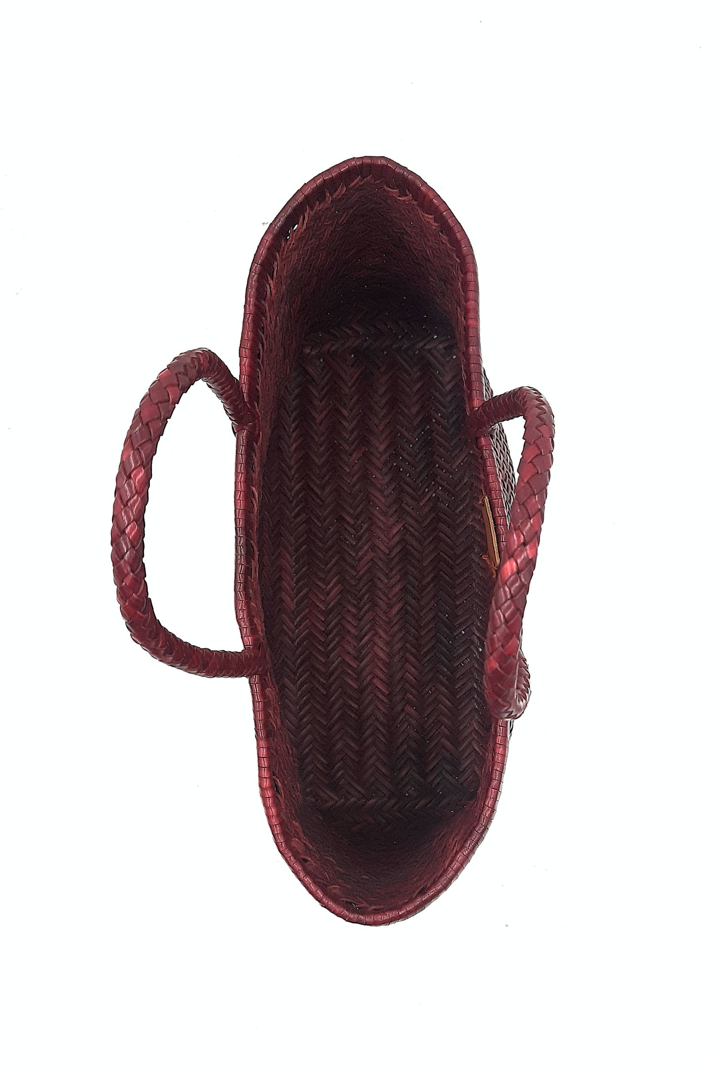 Genuine Leather Hand Woven Triple Jump Bamboo Style Ladies Tote Bag - CINDRELLA - BORDO