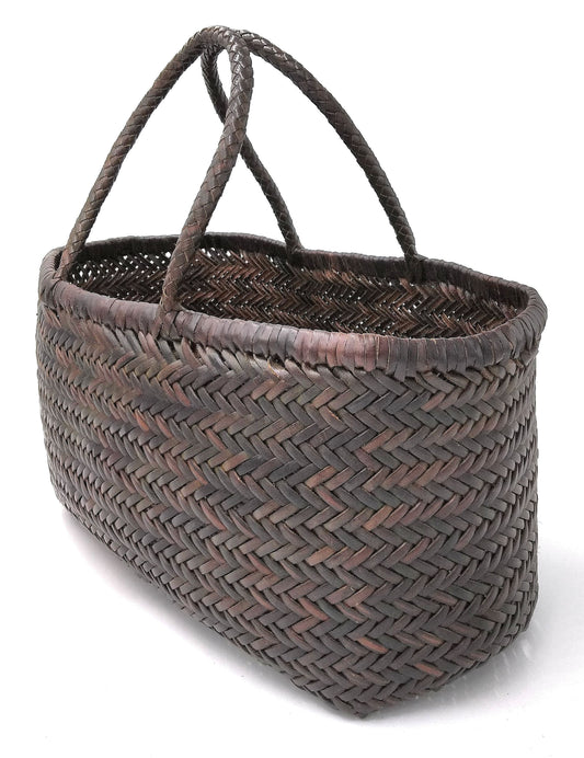 Genuine Leather Hand Woven Triple Jump Bamboo Style Ladies Tote Bag - CINDRELLA - Dark Brown
