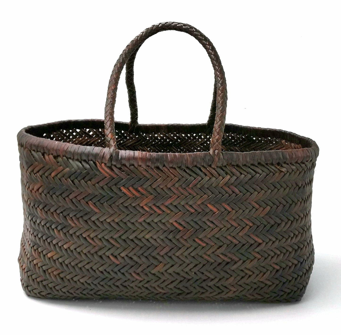Genuine Leather Hand Woven Triple Jump Bamboo Style Ladies Tote Bag - CINDRELLA - Dark Brown