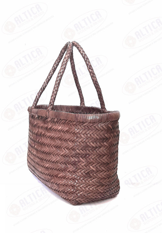 Genuine Leather Hand Woven Triple Jump Bamboo Style Ladies Tote Bag - CINDRELLA - MEDIUM BROWN