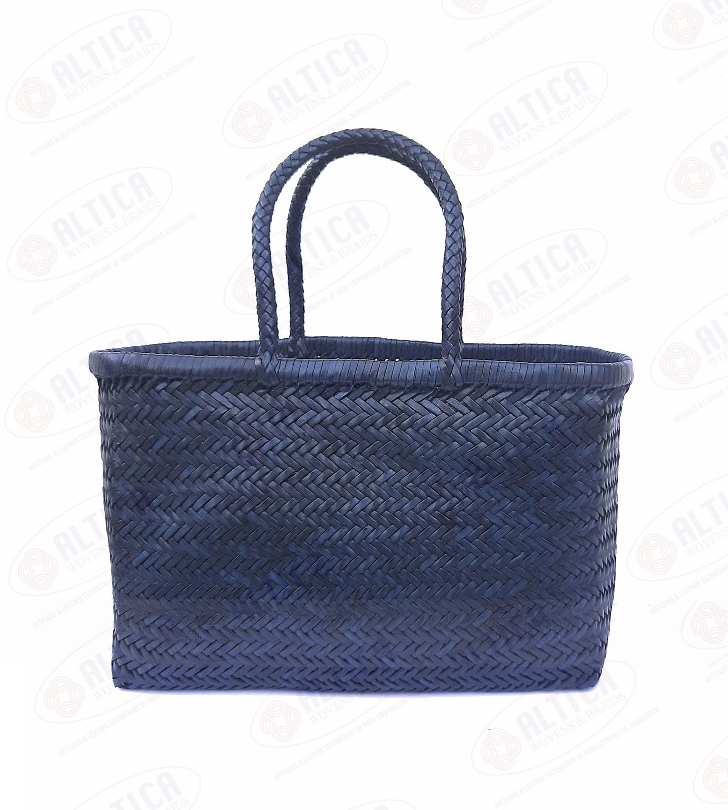 Genuine Leather Hand Woven Triple Jump Bamboo Style Ladies Tote Bag - CINDRELLA - NAVY