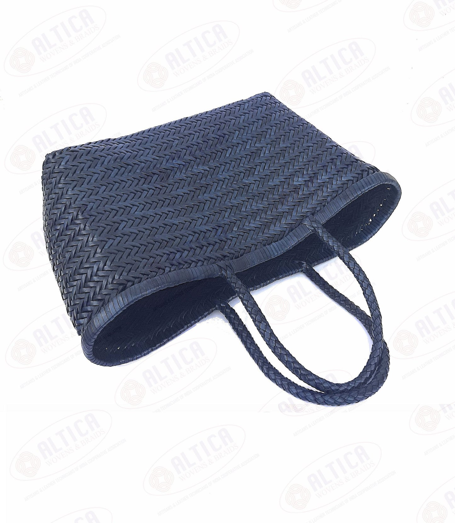 Genuine Leather Hand Woven Triple Jump Bamboo Style Ladies Tote Bag - CINDRELLA - NAVY