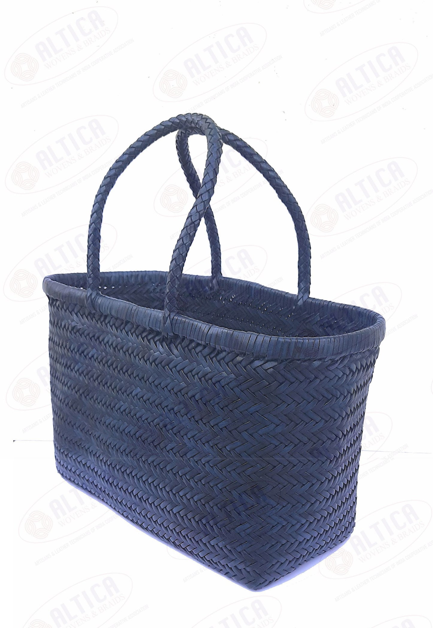 Genuine Leather Hand Woven Triple Jump Bamboo Style Ladies Tote Bag - CINDRELLA - NAVY