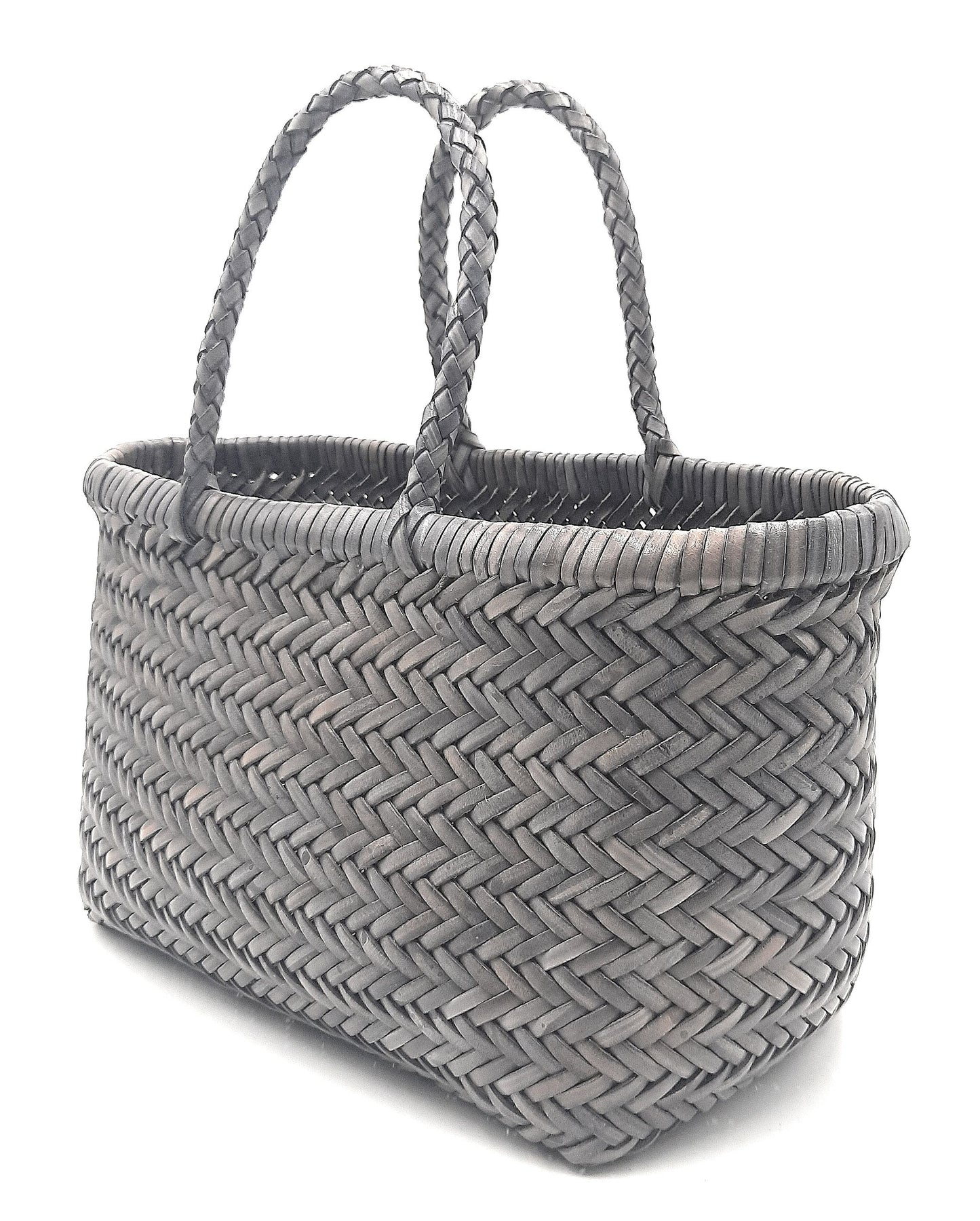 Genuine Leather Hand Woven Triple Jump Bamboo Style Ladies Tote Bag - CINDRELLA - STEEL GRAY