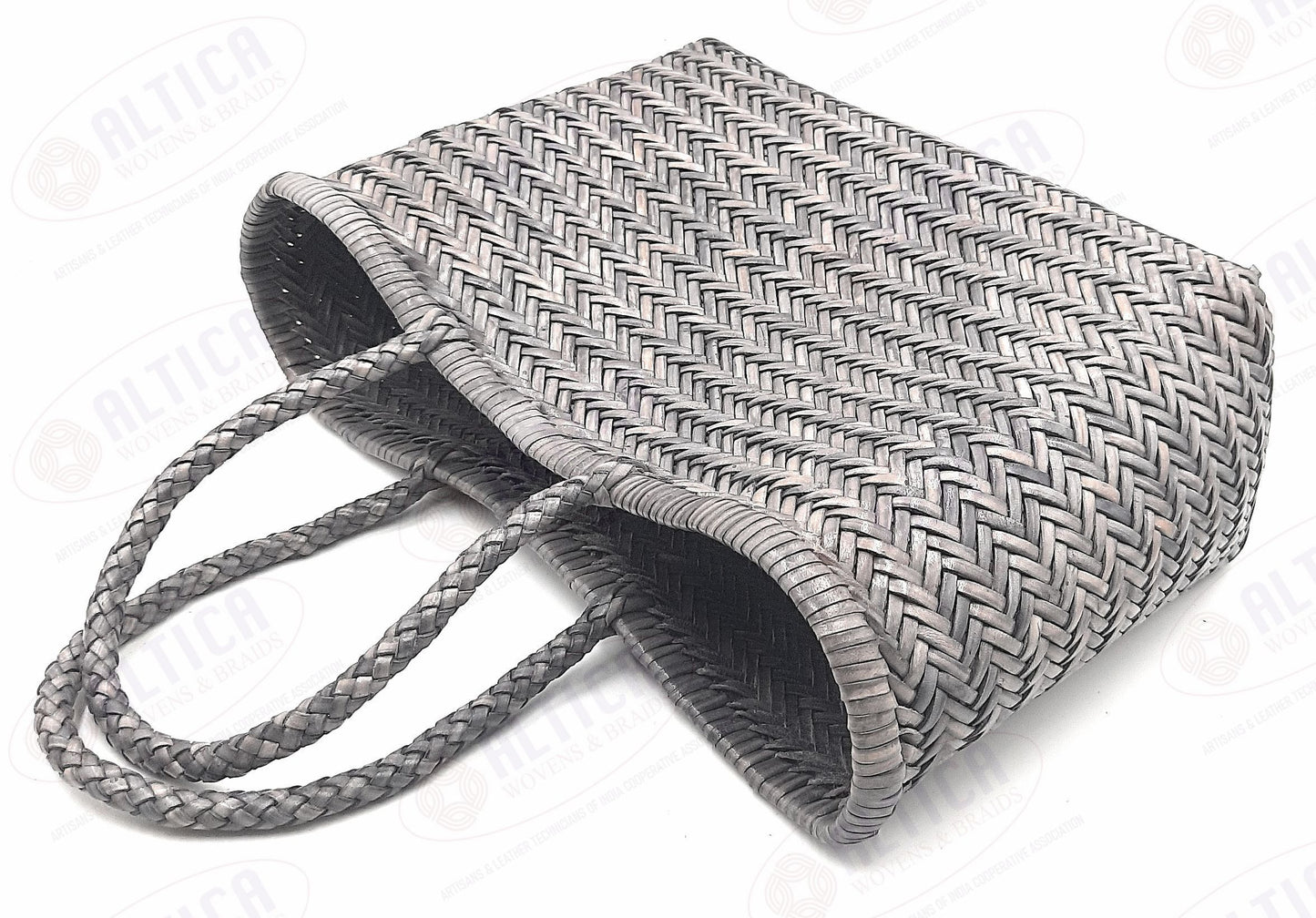 Genuine Leather Hand Woven Triple Jump Bamboo Style Ladies Tote Bag - CINDRELLA - STEEL GRAY