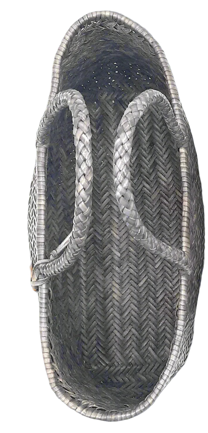 Genuine Leather Hand Woven Triple Jump Bamboo Style Ladies Tote Bag - CINDRELLA - STEEL GRAY