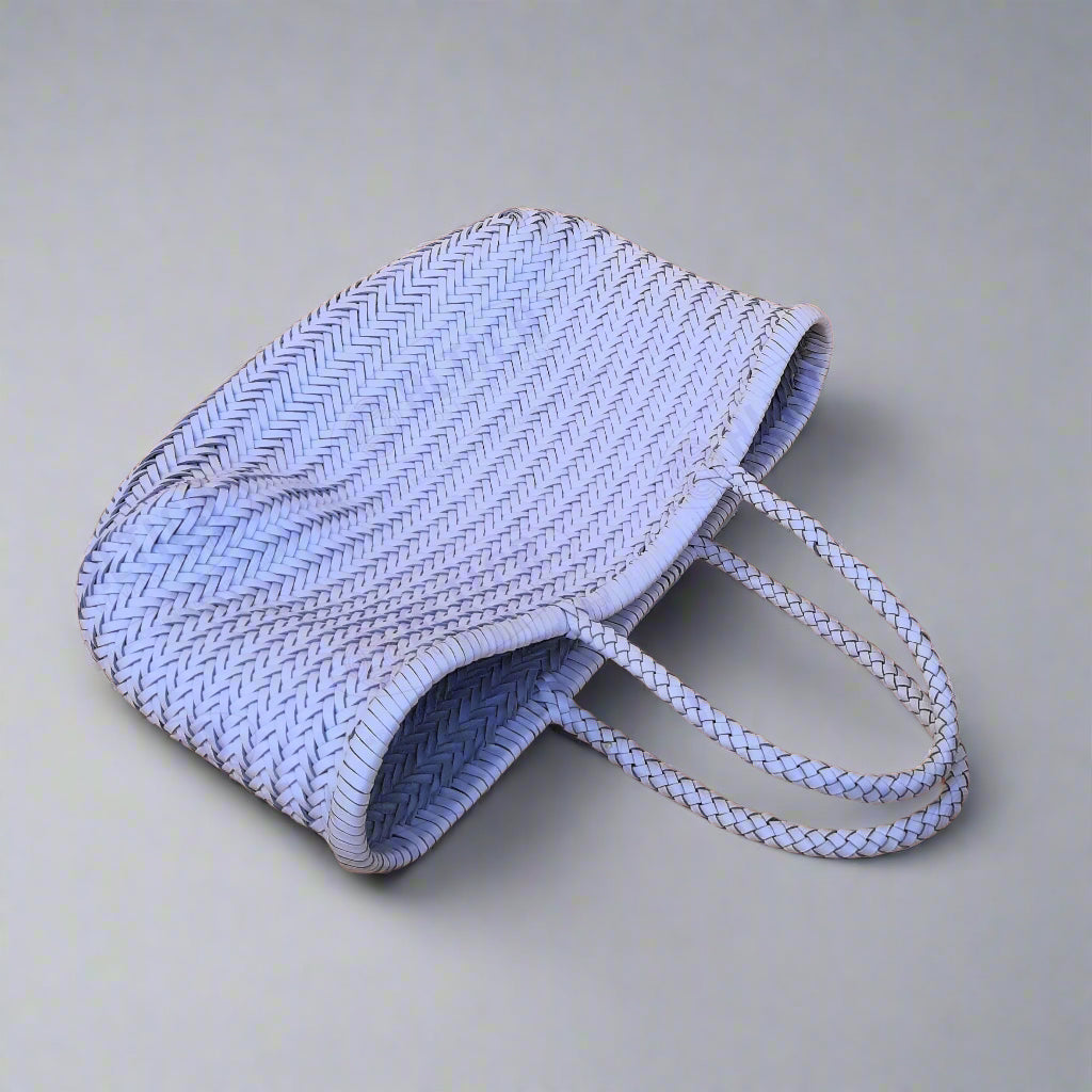 Genuine Leather Hand Woven Triple Jump Bamboo Style Ladies Tote Bag - CINDRELLA - WHITE
