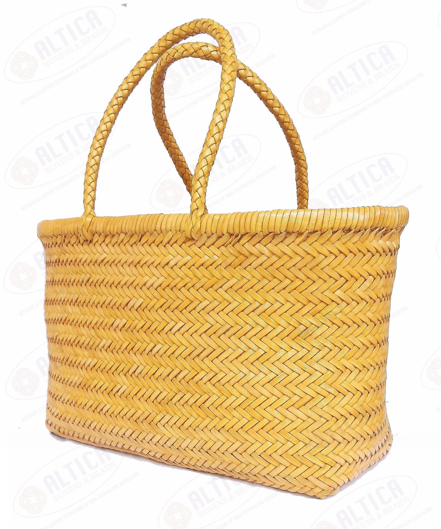 Genuine Leather Hand Woven Triple Jump Bamboo Style Ladies Tote Bag - CINDRELLA - YELLOW