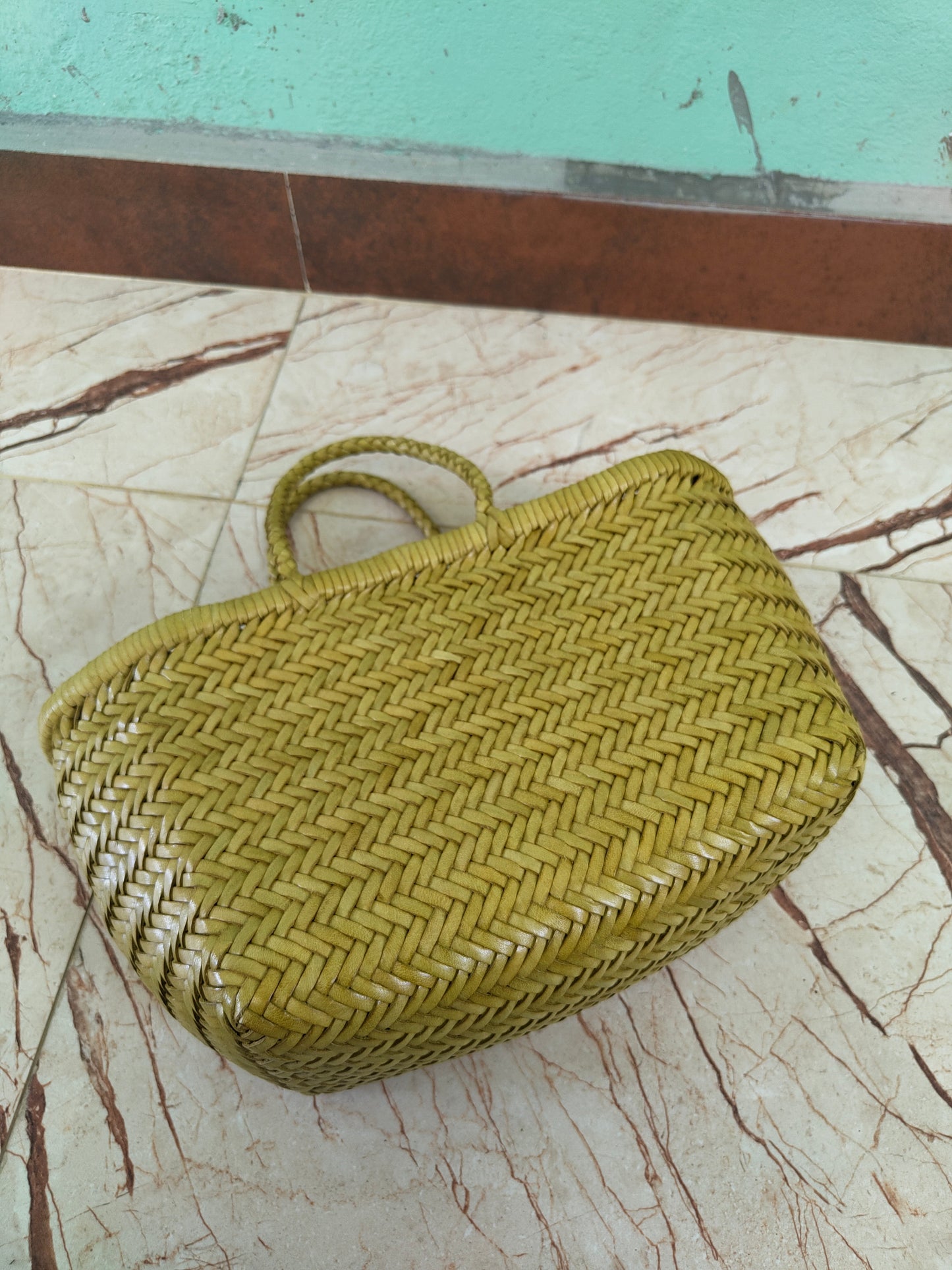 Genuine Leather Hand Woven Triple Jump Bamboo Style Ladies Tote Bag - CINDRELLA - Bamboo Green