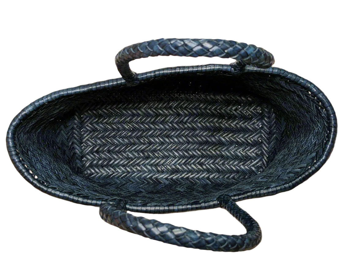 Genuine Leather Hand Woven Triple Jump Bamboo Style Ladies Tote Bag - CINDRELLA - NAVY
