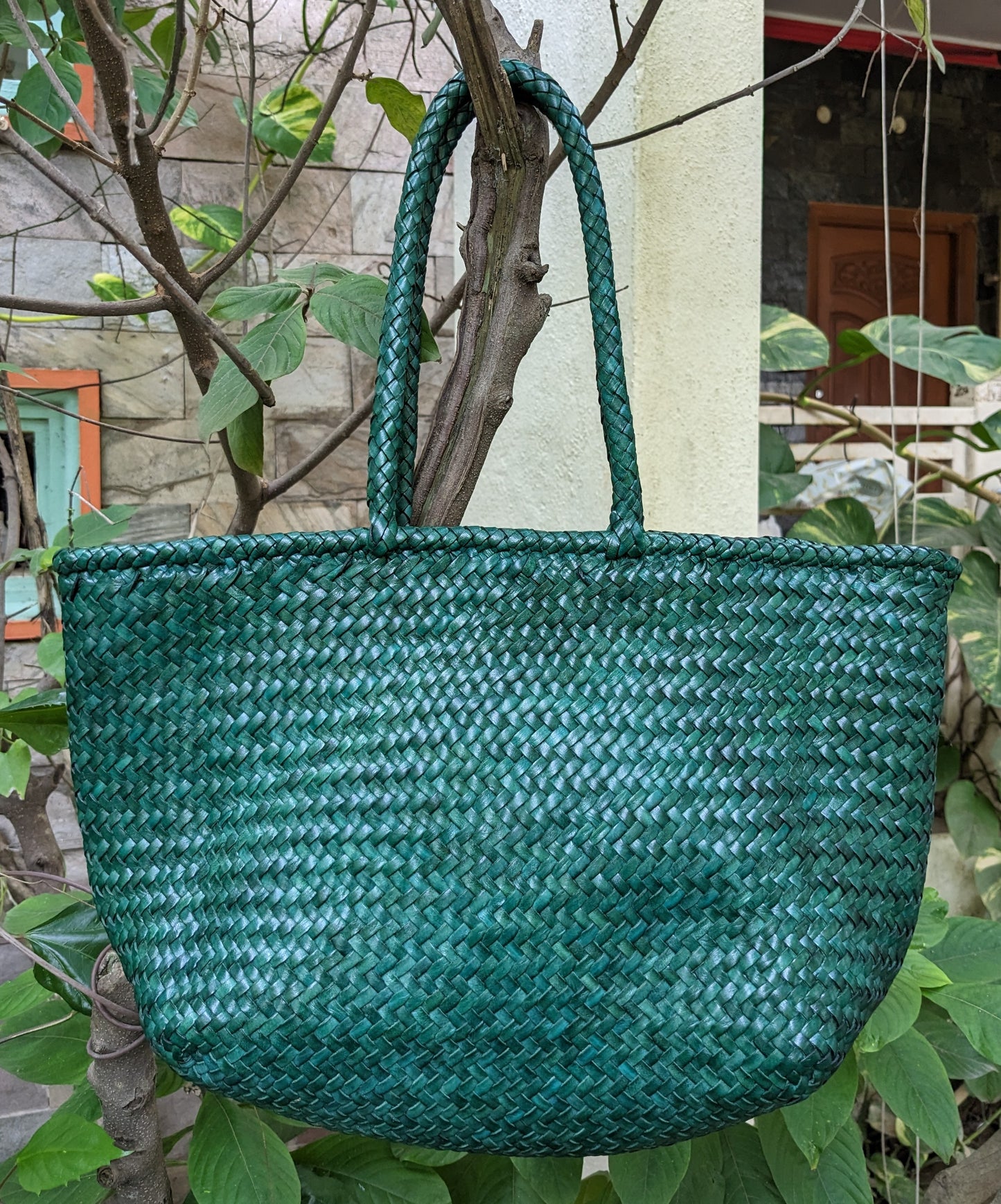 ALTICA Genuine Leather Hand Woven Crosshatch Pattern Ladies Tote Bag - DIACROSS - Forest Green
