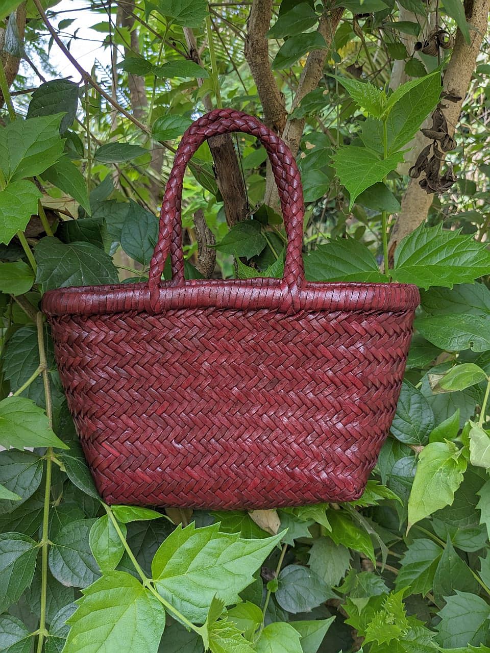 Genuine Leather Hand Woven Triple Jump Bamboo Style Ladies Tote Bag - CINDRELLA - BORDO