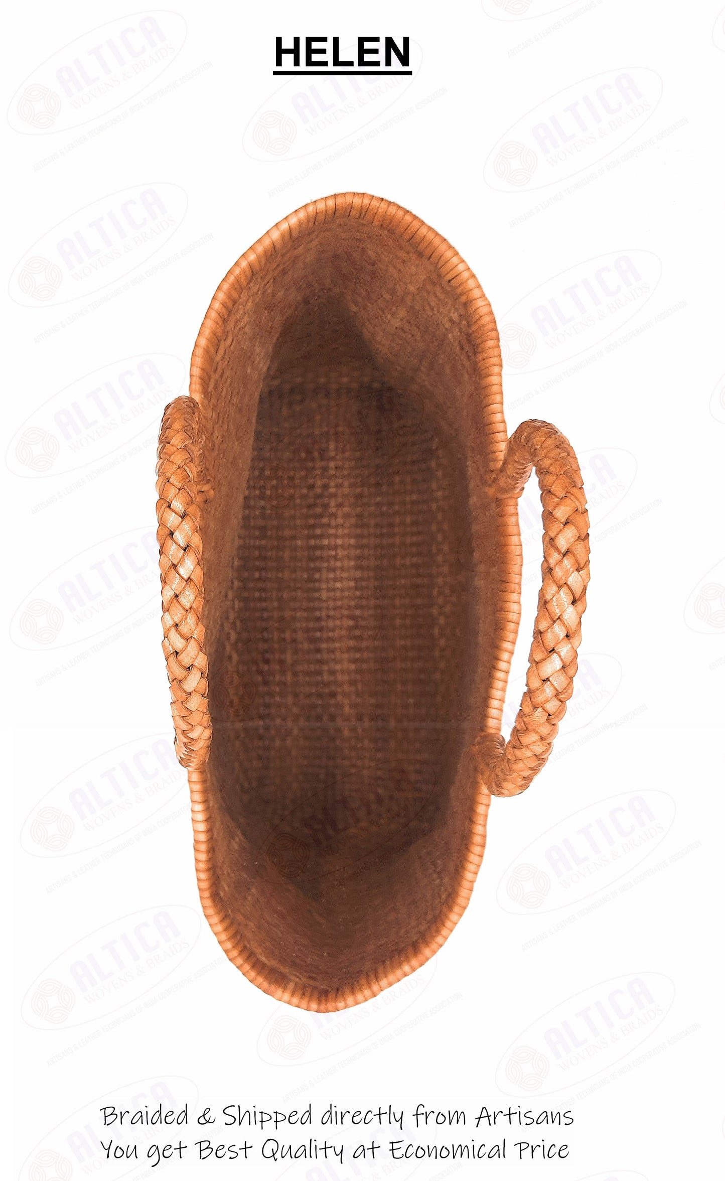 Genuine Leather Hand Woven Bamboo Style Ladies Tote Bag - HELEN - TAN