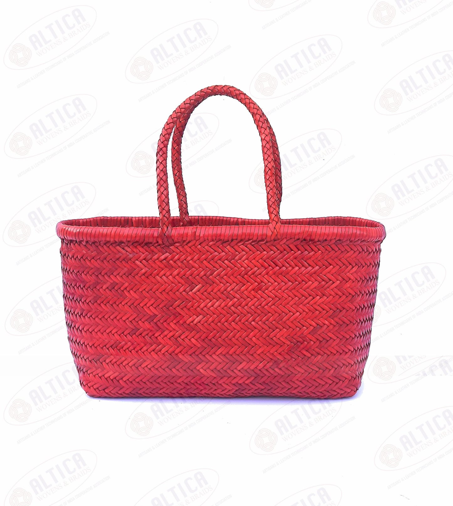 Genuine Leather Hand Woven Triple Jump Bamboo Style Ladies Tote Bag - CINDRELLA - RED