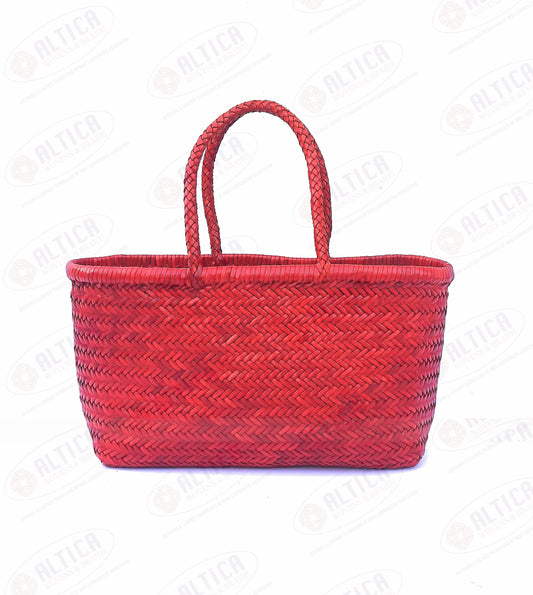 Genuine Leather Hand Woven Triple Jump Bamboo Style Ladies Tote Bag - CINDRELLA - RED