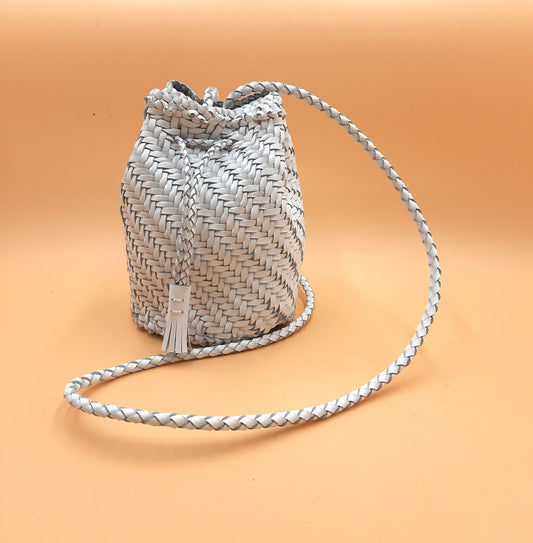 ALTICA Genuine Leather Hand Woven Cross Body Mini Bucket Bag - MINOLA - WHITE