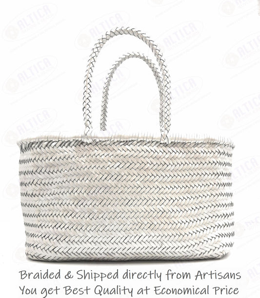 Genuine Leather Hand Woven Triple Jump Bamboo Style Ladies Tote Bag - CINDRELLA - METALLIC SILVER