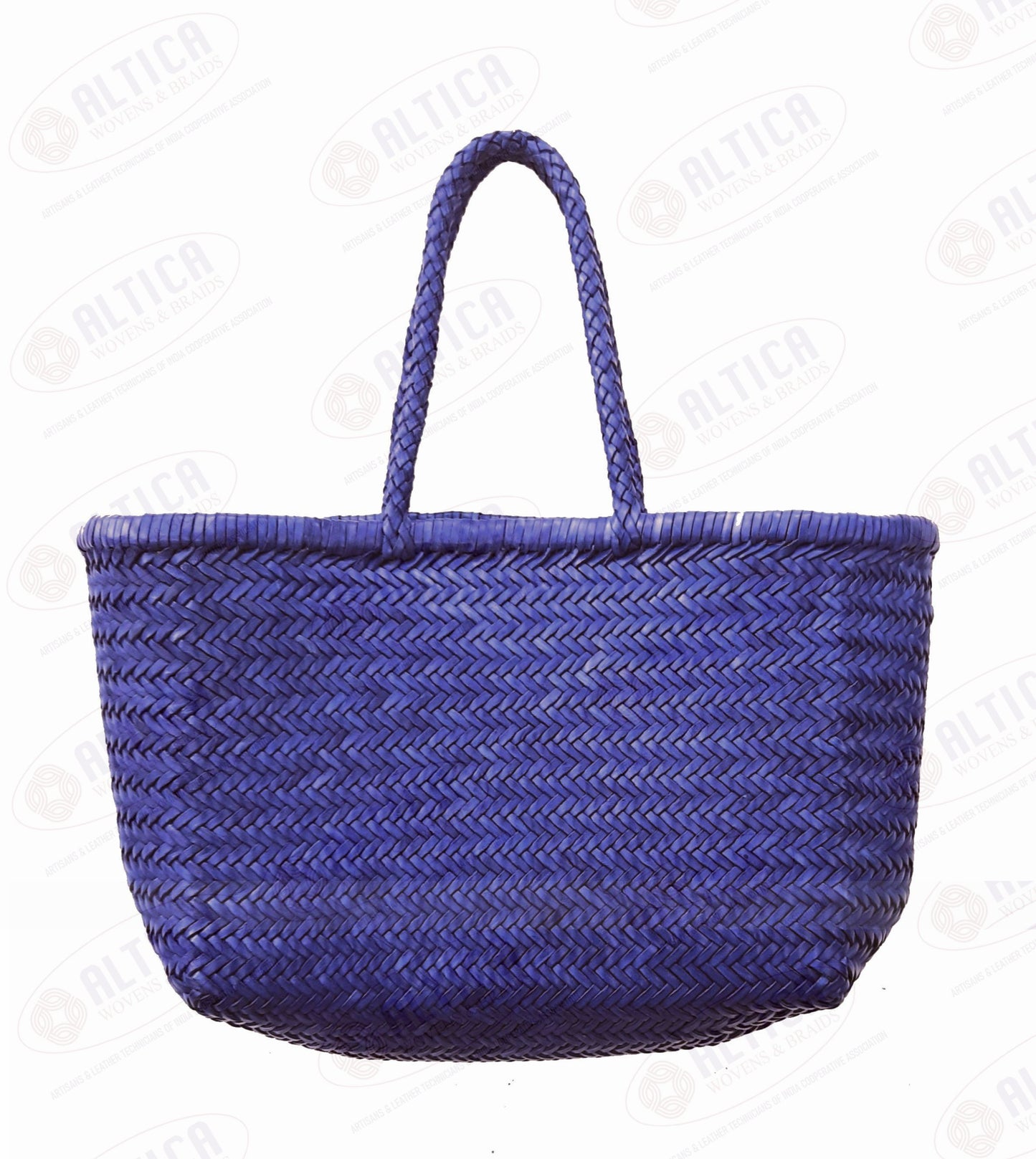 Genuine Leather Hand Woven Triple Jump Bamboo Style Ladies Tote Bag - CINDRELLA - ROYAL BLUE
