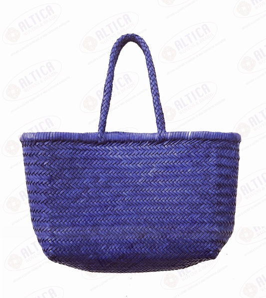 Genuine Leather Hand Woven Triple Jump Bamboo Style Ladies Tote Bag - CINDRELLA - ROYAL BLUE