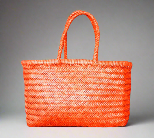 Genuine Leather Hand Woven Triple Jump Bamboo Style Ladies Tote Bag - CINDRELLA - ORANGE