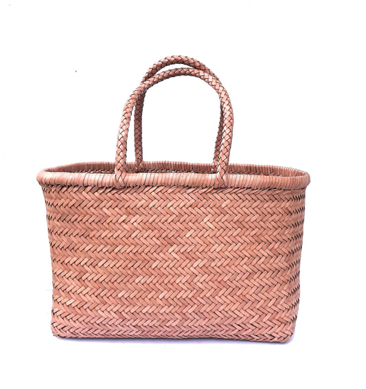 Genuine Leather Hand Woven Triple Jump Bamboo Style Ladies Tote Bag - CINDRELLA - BEIGE